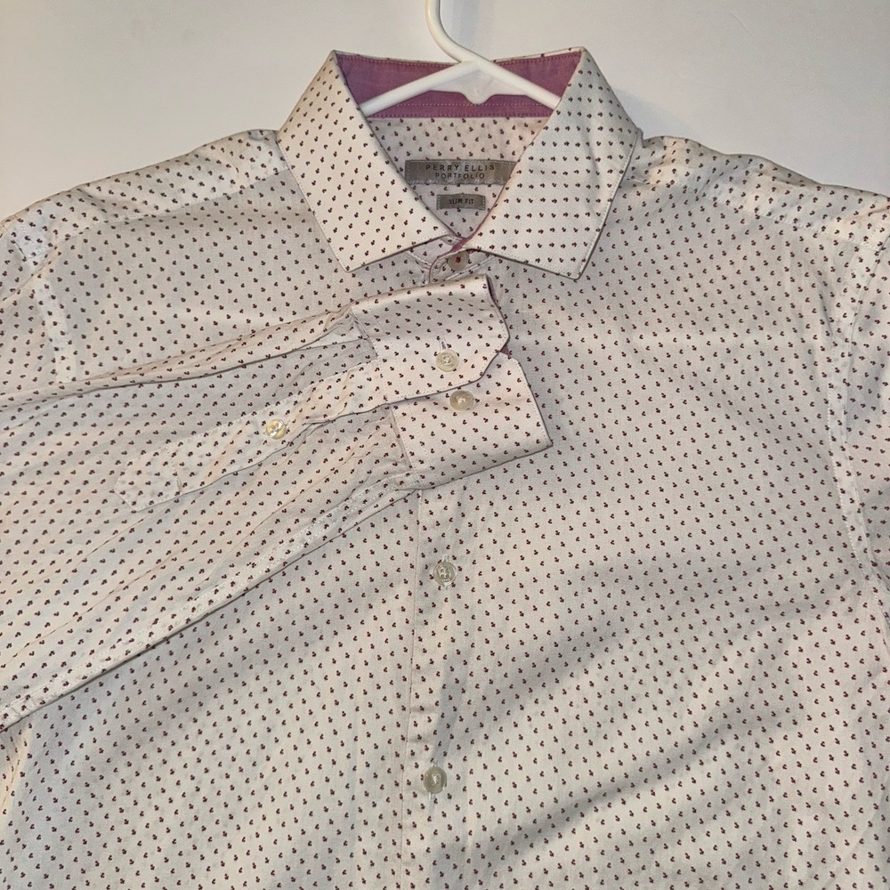 Mens S Perry Ellis Portfolio Button Down Shirt White Burgundy Slim Fit Geometric